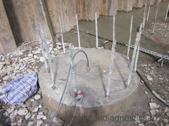 Расположение электрогидравлического излучателя и приемника на голове сваи